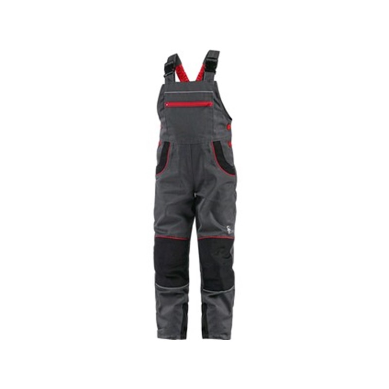 Trousers with bib CXS PHOENIX CASPER, children’s, grey wth black and red accessories
