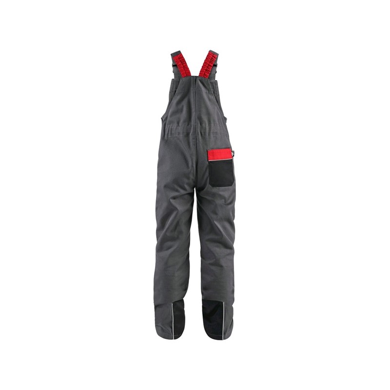 Trousers with bib CXS PHOENIX CASPER, children’s, grey wth black and red accessories
