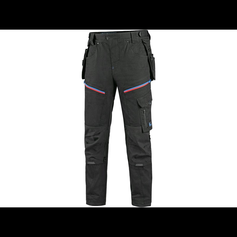 Delovne hlače CXS LEONIS, črne z modro/rdečimi črtami